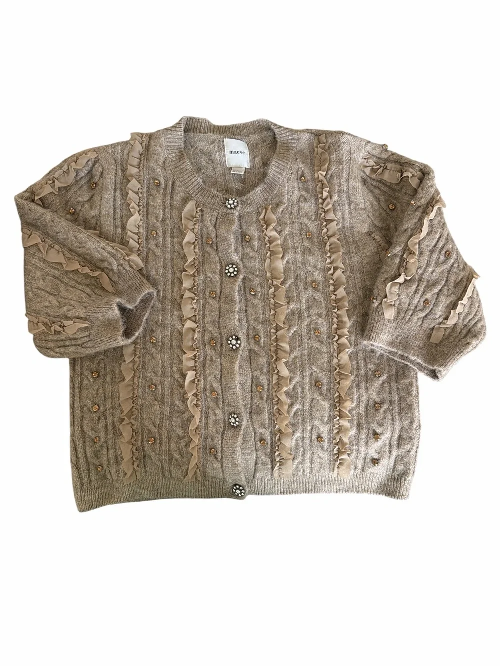 Maeve Anthropologie Short-Sleeve Embellished Ruffle Cardigan Sweater Size Small